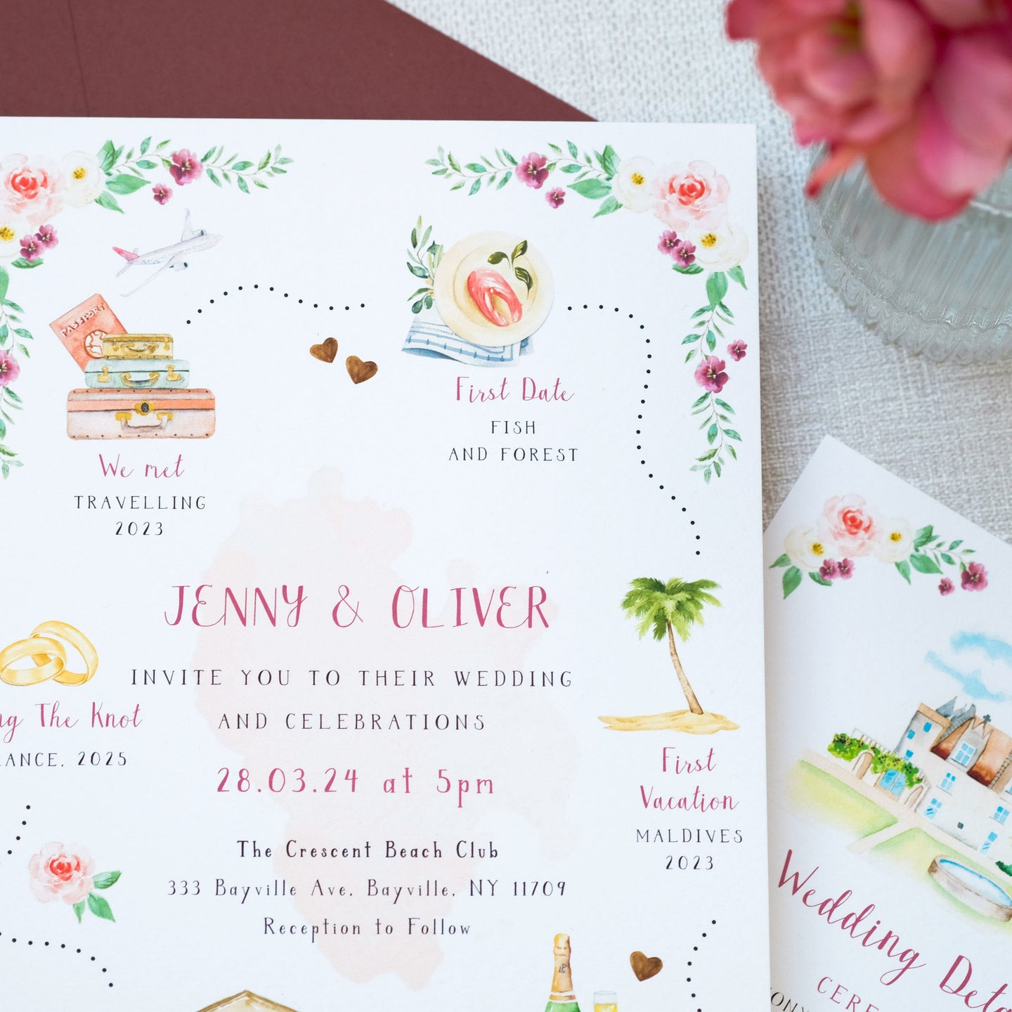 Hand drawn illustrated timeline of your love story and how you met for your wedding invitations featuring watercolour flowers